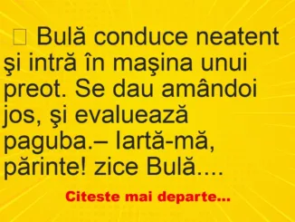 Banc: Bulă conduce neatent şi intră în maşina unui preot – …