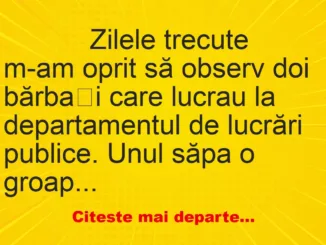 Banc: 
                    Zilele trecute m-am oprit să observ doi bărbați care lucrau…