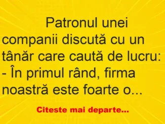 Banc: 
                    Patronul unei companii discută cu un tânăr care caută de…