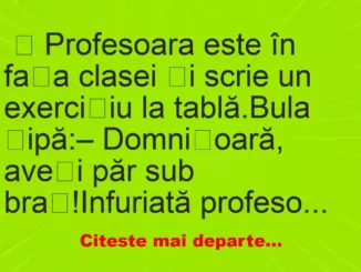 Banc: Profesoara este în fața clasei și scrie un exercițiu la tablă – …