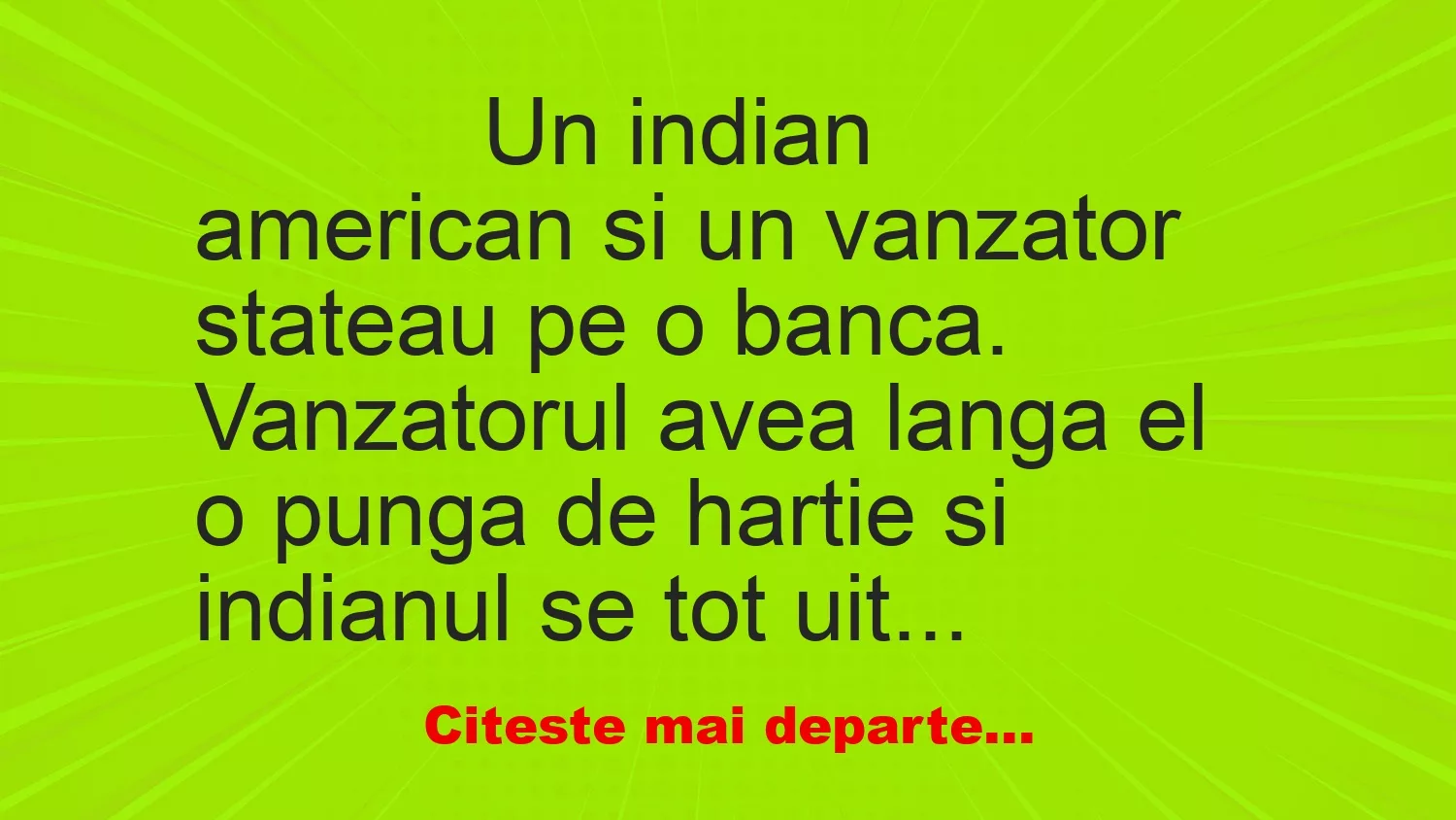 Banc: 
                    Un indian american si un vanzator stateau pe o banca….