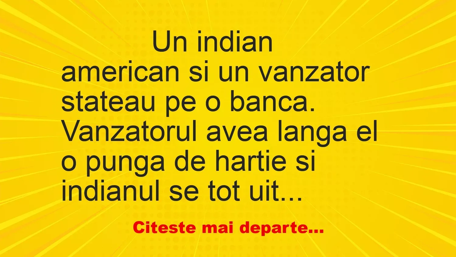 Banc: 
                    Un indian american si un vanzator stateau pe o banca….