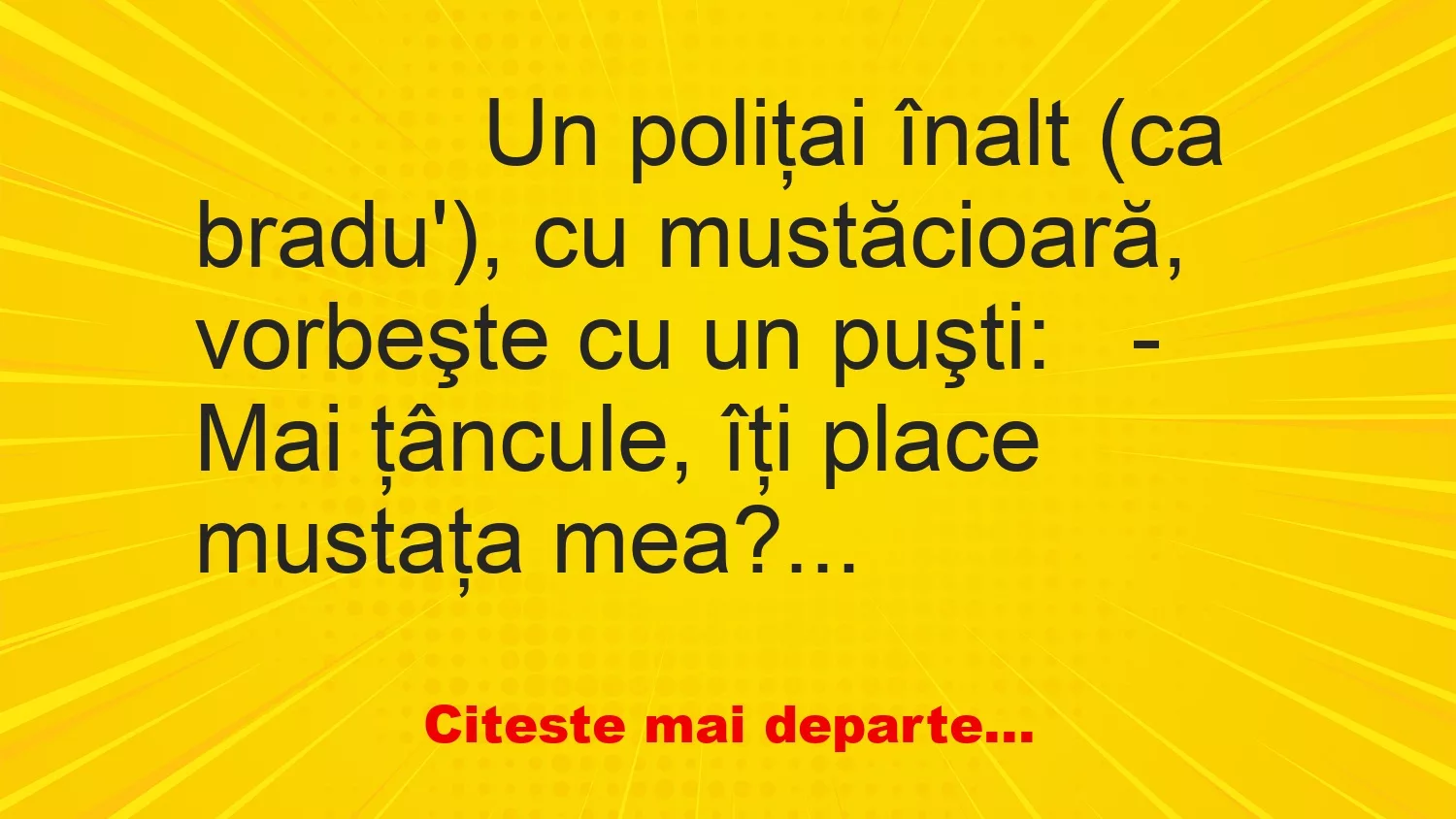 Banc: 
                    Un poliţai înalt (ca bradu’), cu mustăcioară, vorbeşte cu…