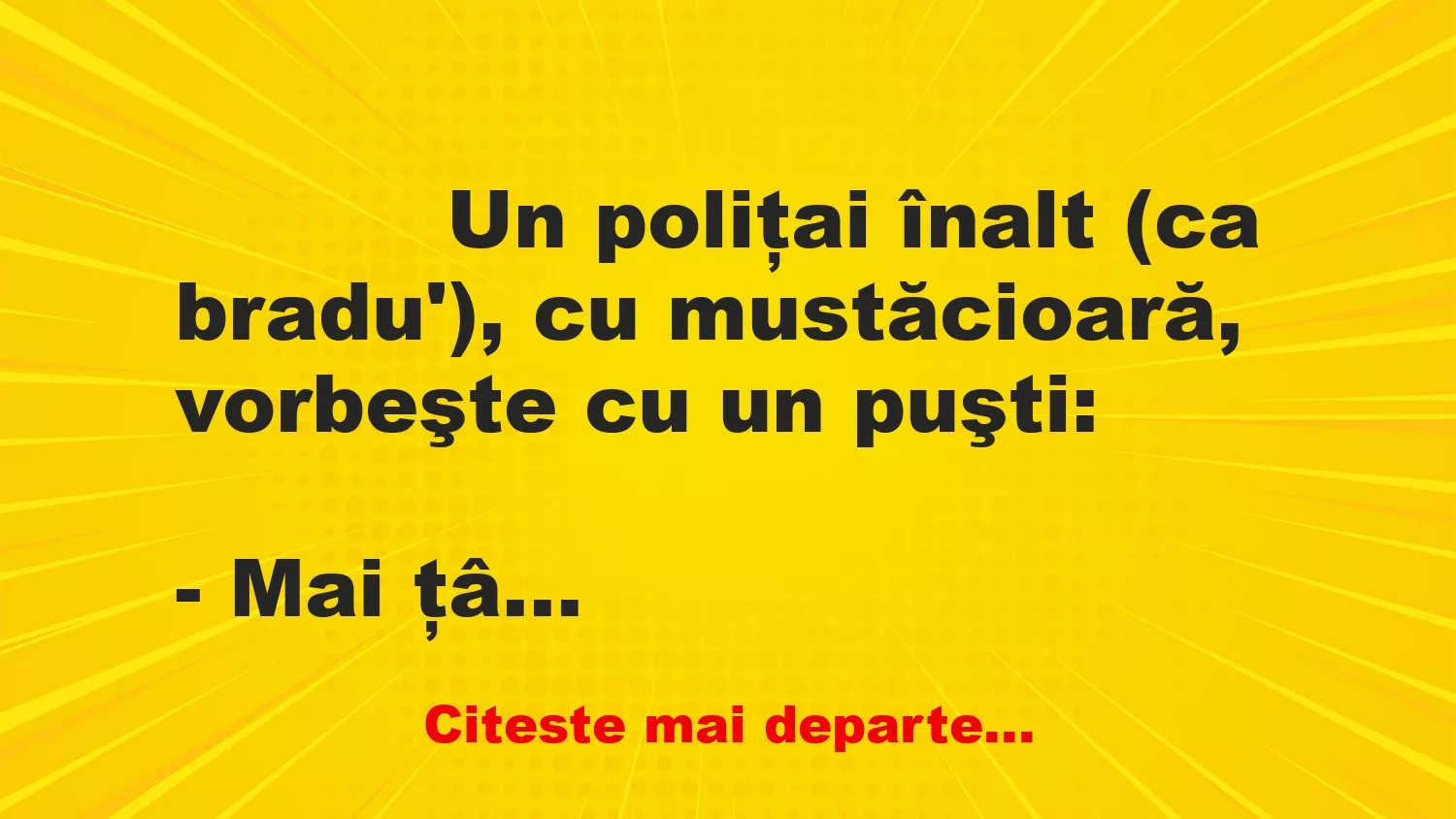 Banc: 
                    Un poliţai înalt (ca bradu’), cu mustăcioară, vorbeşte cu…