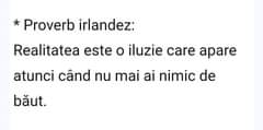 Lehet, hogy egy kép erről: , szöveg, amely így szól: „*Proverb irlandez: Realitatea este Ο iluzie care apare atunci când nu mai ai nimic de băut.”