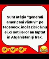 Lehet, hogy egy kép erről: , szöveg, amely így szól: „Sunt atâția "generali americani văduvi" pe facebook, încât zici că nu ei, ci soțiile lor au luptat în Afganistan și Irak.”