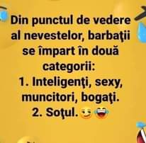 Lehet, hogy egy kép erről: , szöveg, amely így szól: „Din punctul de vedere al nevestelor, barbații se împart în două categorii: 1. Inteligenți, sexy, muncitori, bogați. 2. Soțul.”