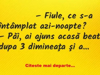 Banc: 
                    – Fiule, ce s-a întâmplat azi-noapte?


–…