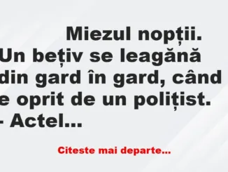 Banc: 
                    Miezul nopţii. Un beţiv se leagănă din gard în gard, când e…