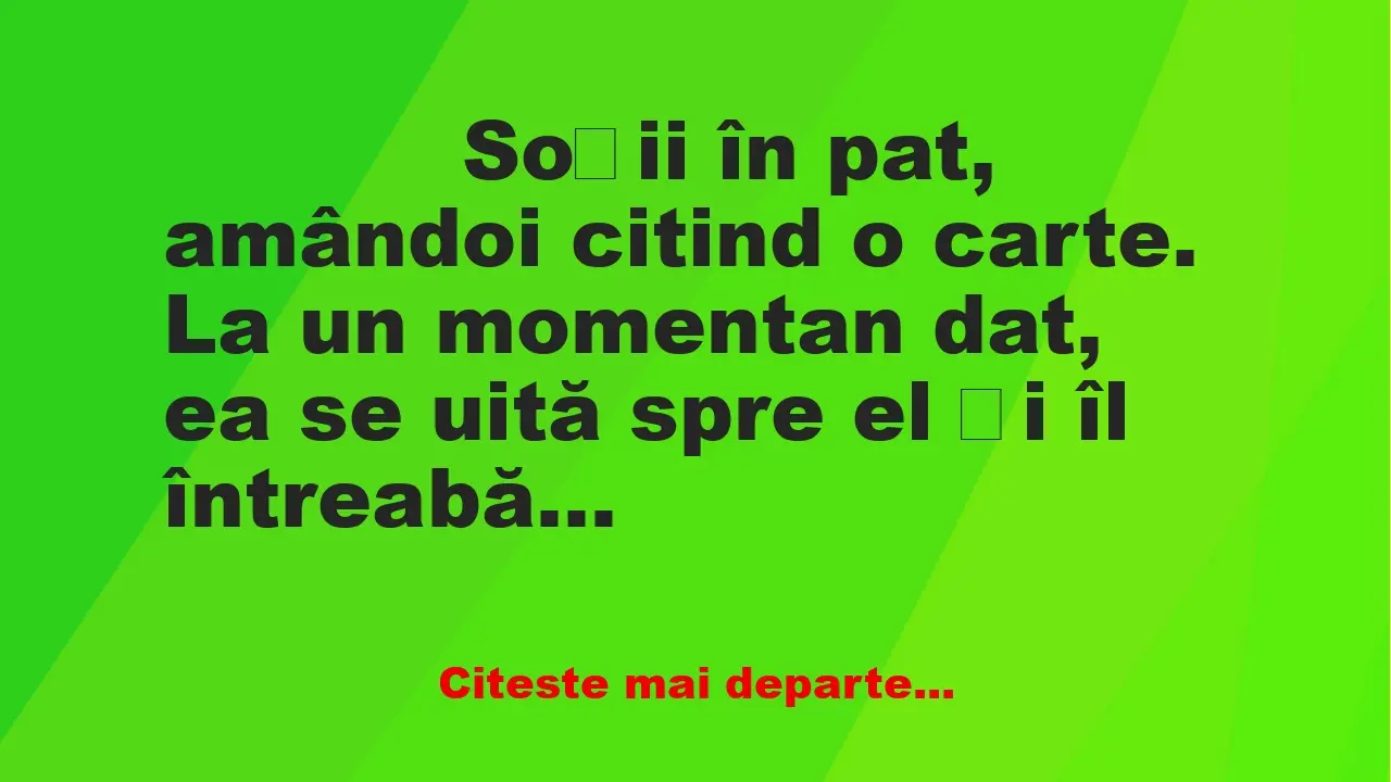 Banc: 
                    Soții în pat, amândoi citind o carte. La un momentan dat, e…