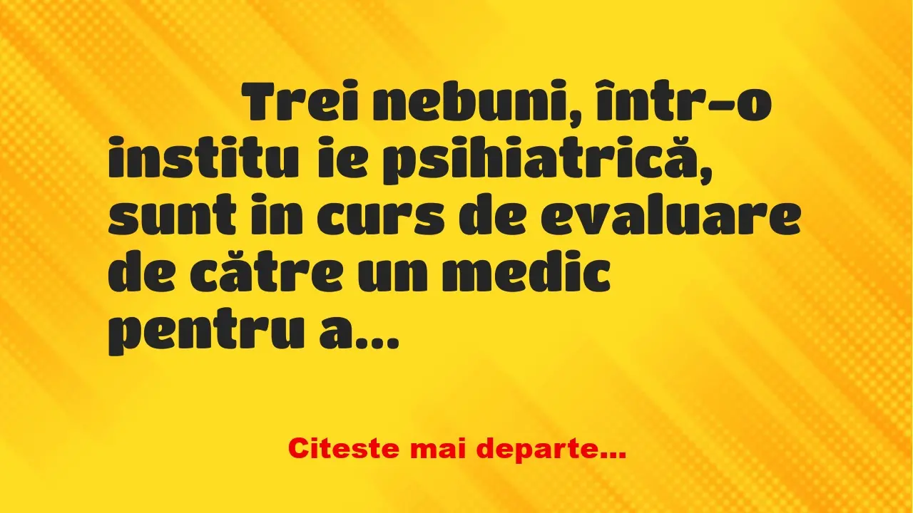 Banc: 
                    Trei nebuni, într-o instituție psihiatrică, sunt …