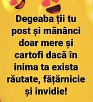 Lehet, hogy egy kép erről: , szöveg, amely így szól: „Degeaba ții tu post și mănânci doar mere și cartofi dacă în inima ta exista răutate, fățărnicie și invidie!”