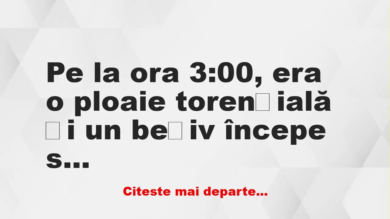 Banc: Pe la ora 3:00, era o ploaie torențială și un bețiv începe să strige:…