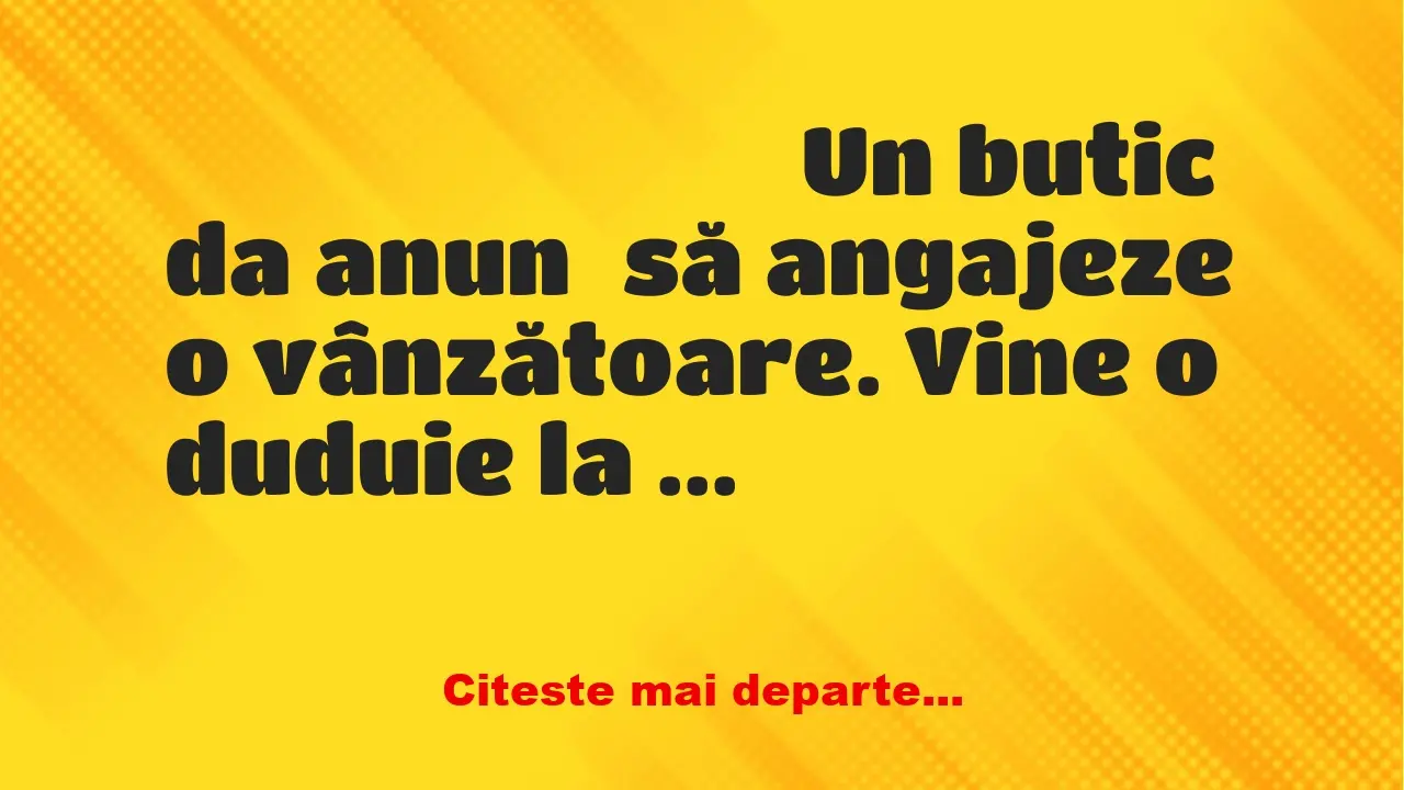 Banc: Un butic da anunț să angajeze o vânzătoare. Vine o duduie la interviu