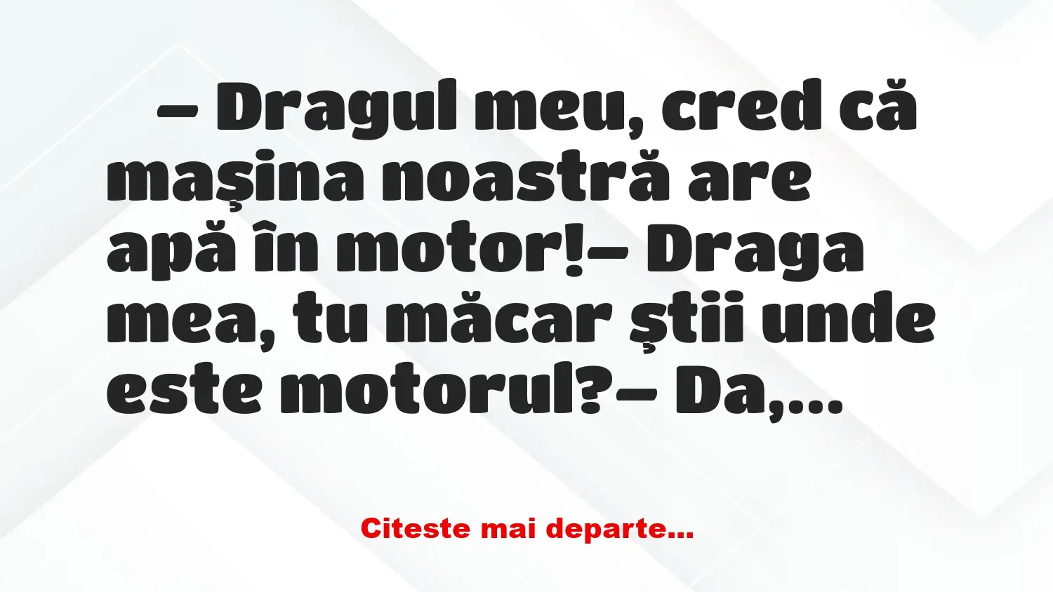 Banc: Dragul meu, cred că maşina noastră are apă în motor –