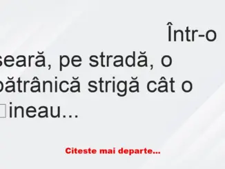 Banc: Într-o seară, pe stradă, o bătrânică strigă cât o țineau plămânii: -…