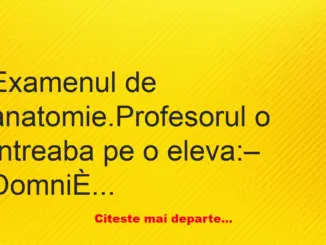 Banc: Examenul de anatomie. Profesorul întreabă pe o eleva: – Domnișoară vă…