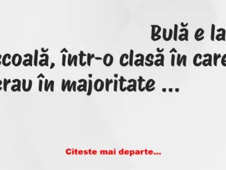 Banc: Profa: – În cazul în care auziți din gura lui Bulă o prostie, să…