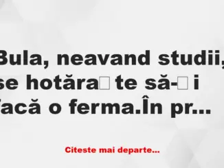 Banc: Bula, neavand studii, se hotăraște să-și facă o ferma: – Ce-ți mai…