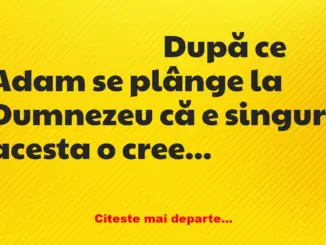 Banc: După ce Adam se plânge la Dumnezeu că e singur, acesta o creează pe…