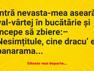 Banc: Intră nevasta-mea aseară val-vârtej în bucătărie și începe să zbiere -…