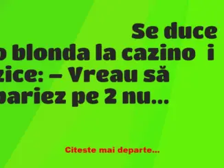 Banc: Se duce o blonda la cazino și zice: – Vreau să pariez pe 2 numere