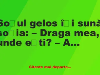 Banc: Soțul gelos își sună soția: – Draga mea, unde ești? – Acasă, dragul…