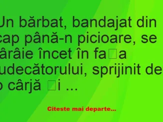 Banc: Un bărbat, bandajat din cap până-n picioare –