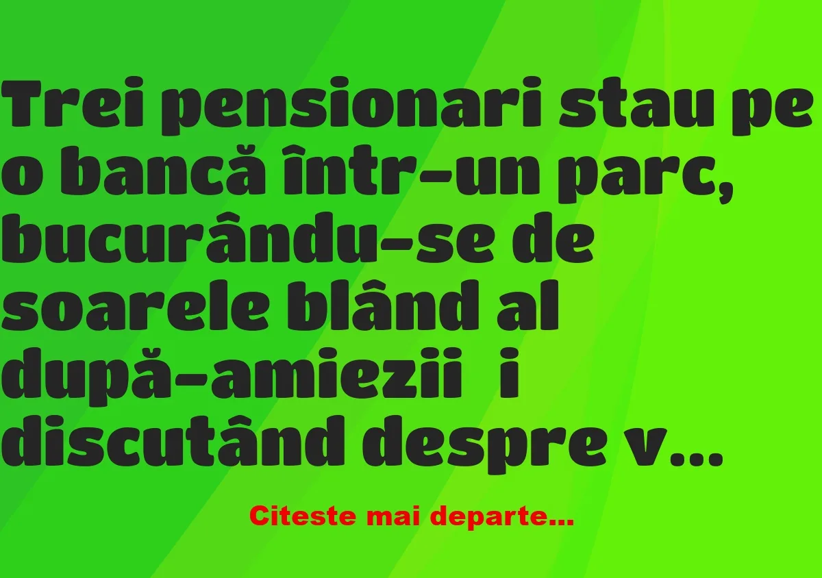 Banc: Trei pensionari stau pe o bancă într-un parc –