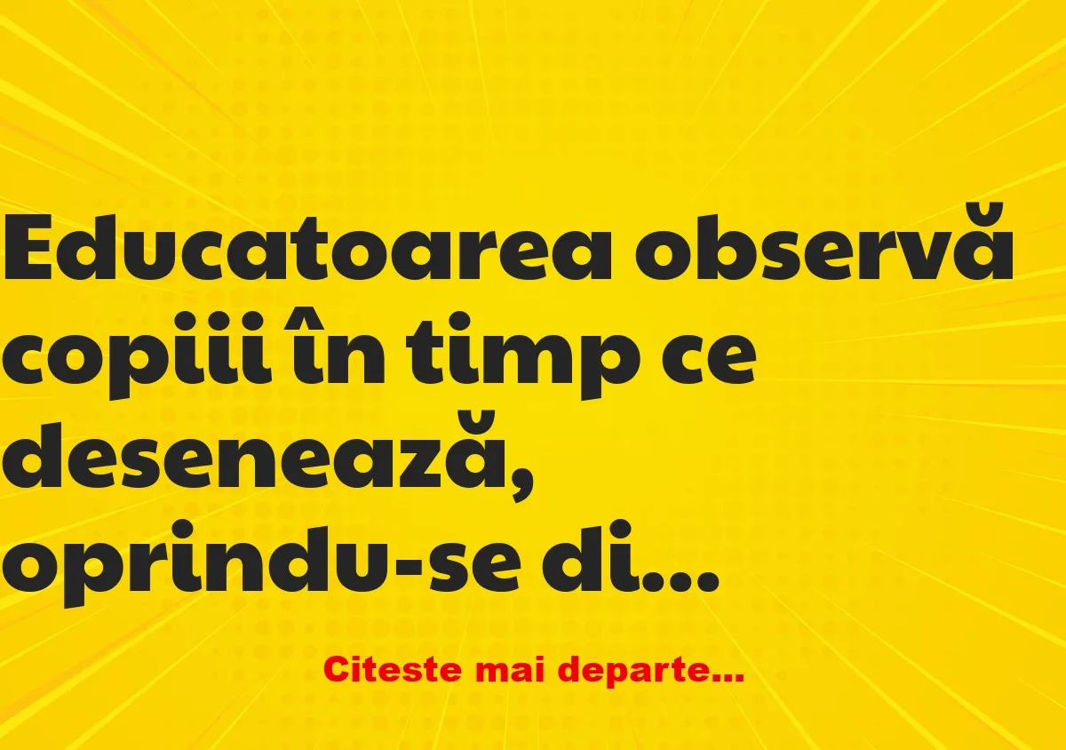 Banc: Educatoarea observă copiii în timp ce desenează, oprindu-se din când…