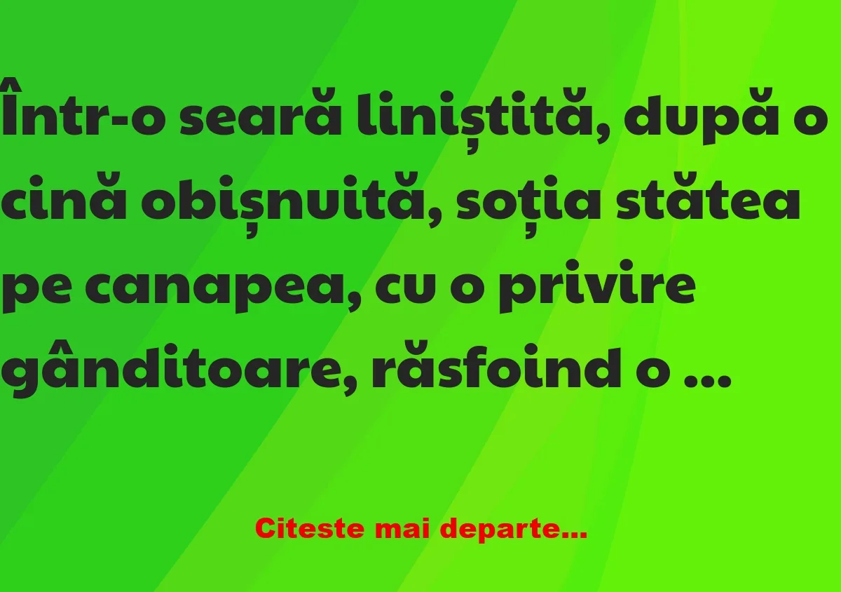 Banc: Intr-o seară liniștită, după o cină obișnuită, soția stătea pe canapea…