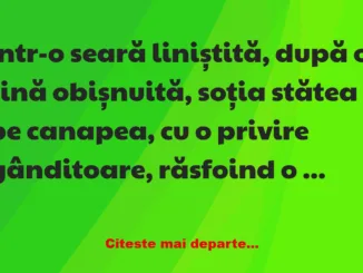 Banc: Intr-o seară liniștită, după o cină obișnuită, soția stătea pe canapea…