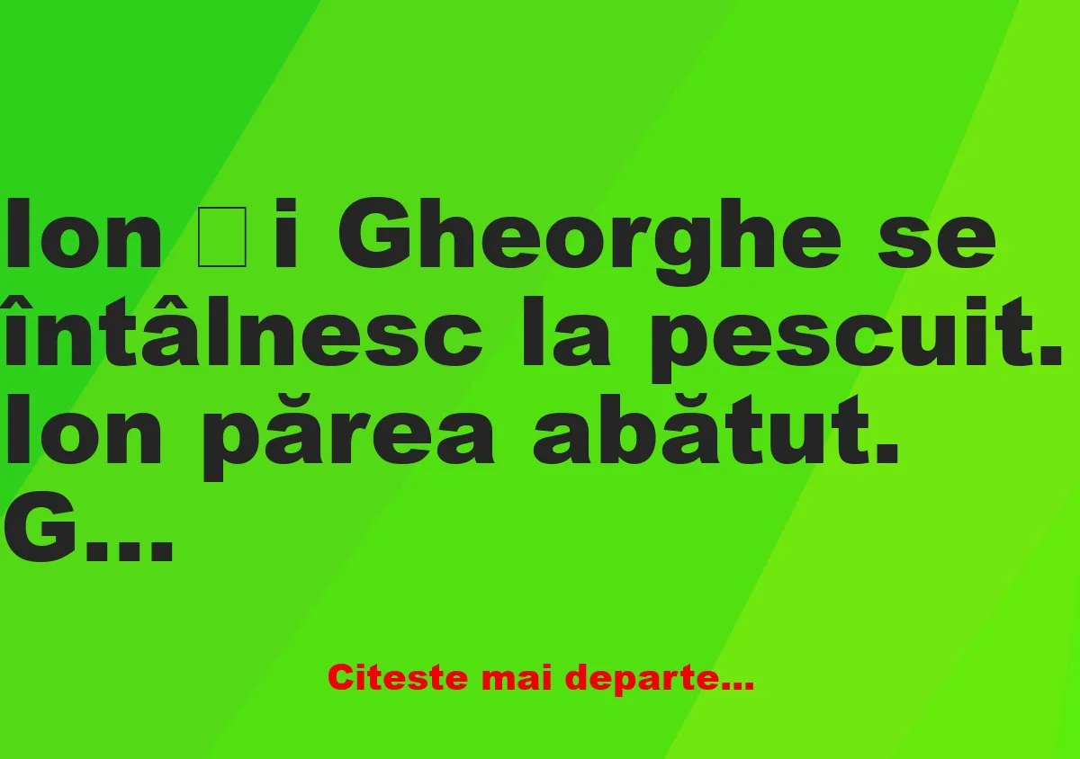 Banc: Ion și Gheorghe se întâlnesc la pescuit. Ion părea abătut.