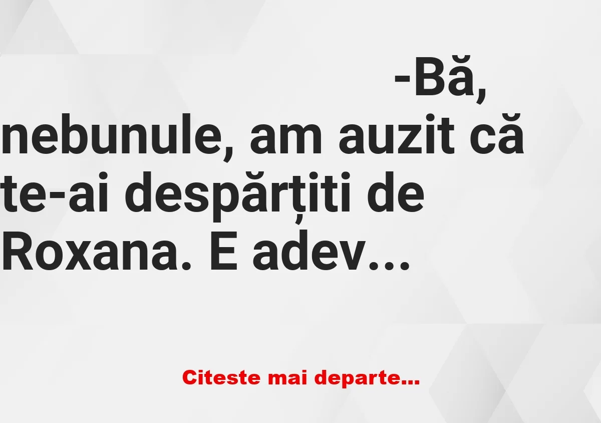 Banc: -Bă, nebunule, am auzit că te-ai despărțiti de Roxana. E adevărat?