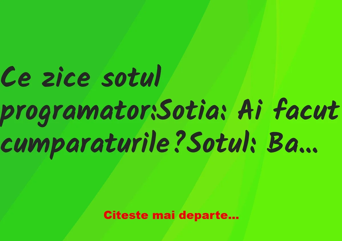 Banc: Ce zice soțul programator: Soția: Ai făcut cumpărăturile?