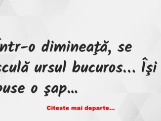 Banc: Într-o dimineaţă, se sculă ursul bucuros… Îşi puse o şapcă pe cap…