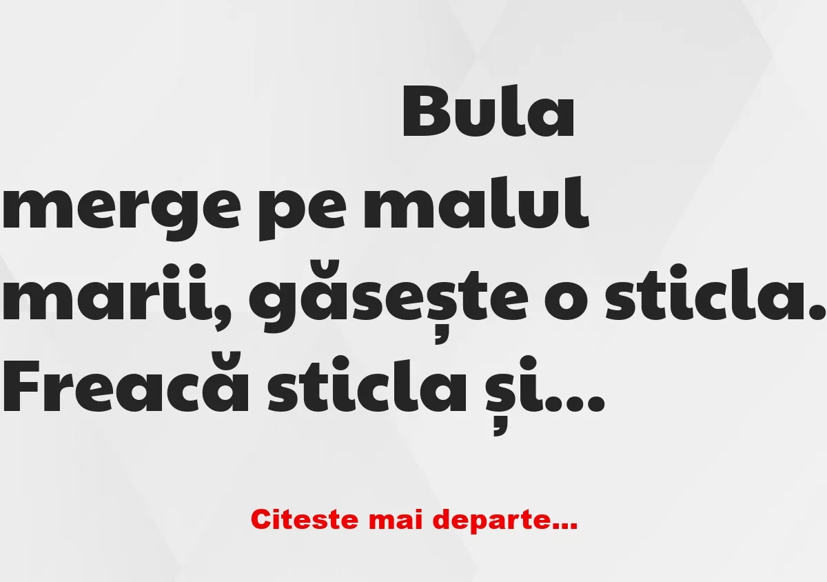 Banc: Bulă merge pe malul marii, găsește o sticlă. Freacă sticla și…