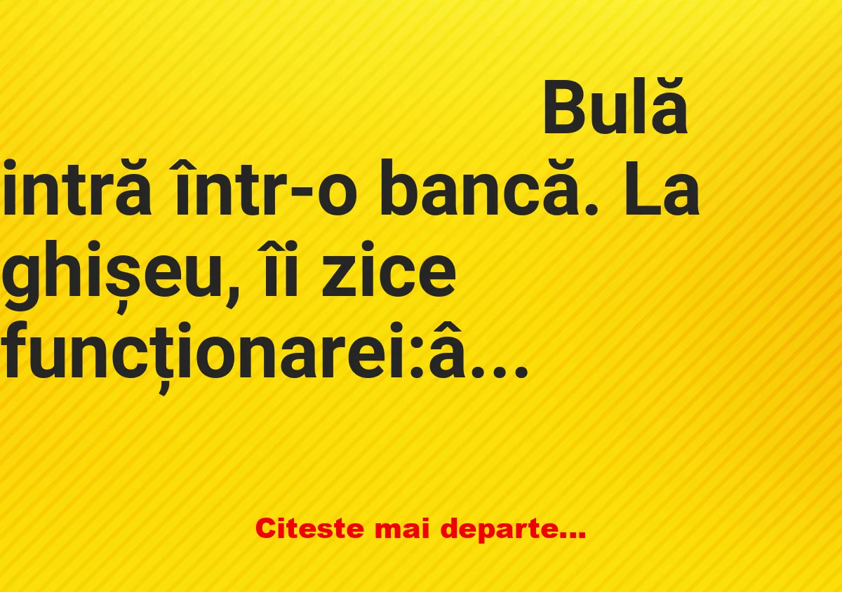 Banc: Bulă intră într-o bancă. La ghișeu, îi zice funcționarei: